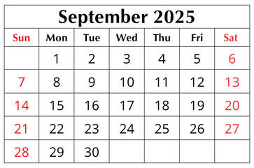 Fototapeta na wymiar September 2025 ENGLISH month calendar. png transparent illustration