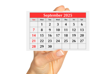 Page of the annual monthly calendar august 2025 in hand. Isolated on transparent png