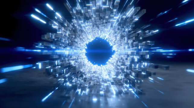 Glowing pixelated wormhole in space opens, surrounded by bright blue light and dynamic motion, creating sense of wonder and exploration