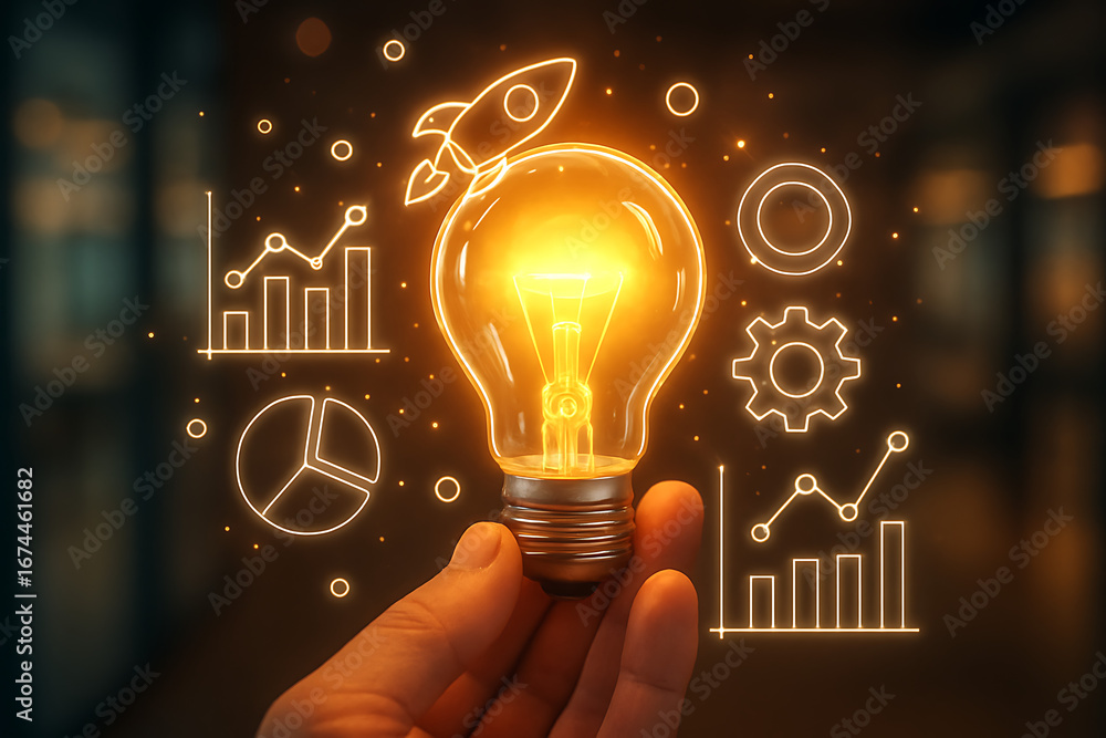 Poster a business person holding a light bulb as a creative idea and solution with data analysis graphs