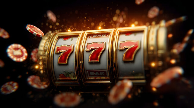 Close up of a classic gold slot machine with lucky sevens and casino chips 
