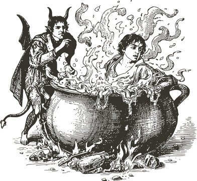 Vintage engraving of a hell scene: devil with wings watches a sinner man boiling in a cauldron. Detailed cross hatching, dramatic expression.
