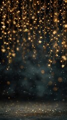 Obraz premium Golden lights cascade from above, creating a magical atmosphere in a dimly lit space during an evening celebration