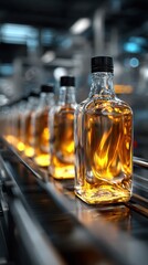 Bottles of amber liquid moving along a production line in a distillery during factory operations
