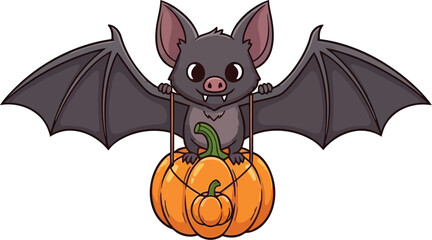 Cute cartoon bat carries a pumpkin for halloween on a light blue background.