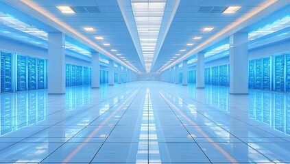 A long, brightly lit server room, with rows of cool-toned blue server cabinets