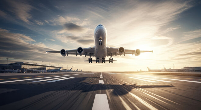 Dramatic airplane taking off at sunrise for travel, business, or commercial transportation needs