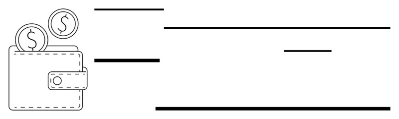 Wallet with two dollar coins symbolizing savings, income, or budget planning. Ideal for finance, money management, personal budgeting, expenses tracking, investments banking. Simple flat metaphor