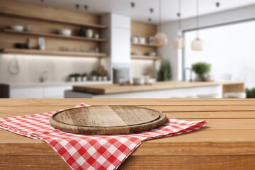 Kitchen wooden table product display in interior.