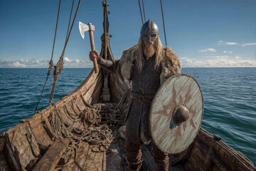 Powerful viking warrior holding axe and shield, sailing in a drakkar longship on the open sea, showcasing medieval norse seafaring