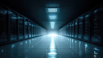 Dark server room, illuminated path