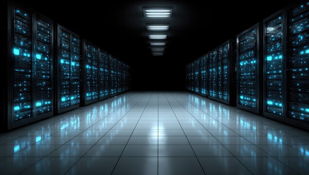 Server room interior, dark and reflective - Powered by Adobe