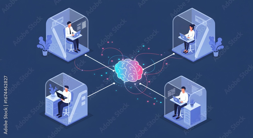 Poster isometric illustration of teamwork and collaboration with four people working on laptops connected t
