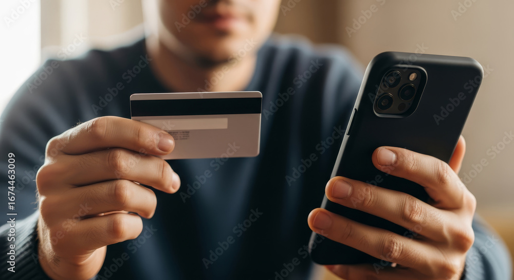 Poster man using mobile banking app for easy payment with credit card on smartphone for online shopping