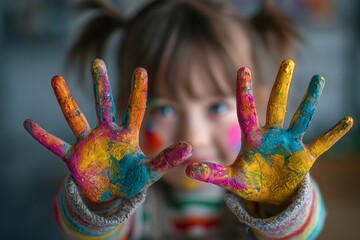 Fototapeta premium Preschooler showing colorful painted hands, expressing creativity, fun, and early childhood education