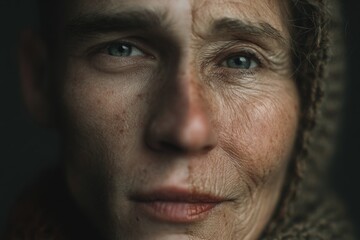 Half face of senior and young woman showing aging process