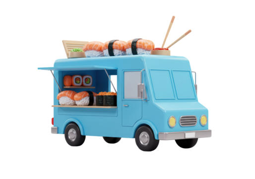 Isolated sushi food truck, fun mobile restaurant, healthy Japanese cuisine concept design