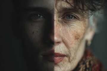 Fototapeta premium Dramatic portrait of a senior woman with half face young and half old, highlighting the effects of aging