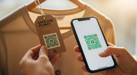 Scan QR code on eco-friendly clothing tag with phone, saving our planet with sustainable fashion choices