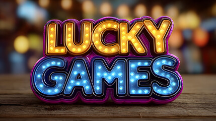Bright and colorful neon lucky games sign on a wooden surface