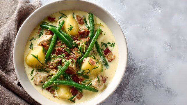 Top view bowl of Bouneschlupp with green beans and potatoes.
