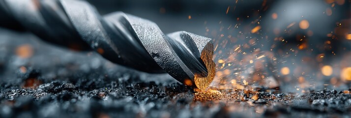 Close-up of a drill bit creating sparks while cutting through metal in a workshop at dusk