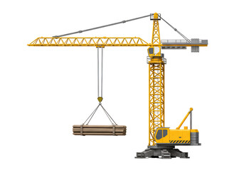 Isolated Construction Crane Elevating Lumber, Industrial Machinery and Building Equipment