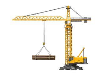 Isolated Construction Crane Elevating Lumber, Industrial Machinery and Building Equipment