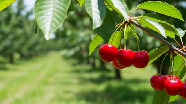 Close-up of ripe red cherries hanging on a branch in an orchard.