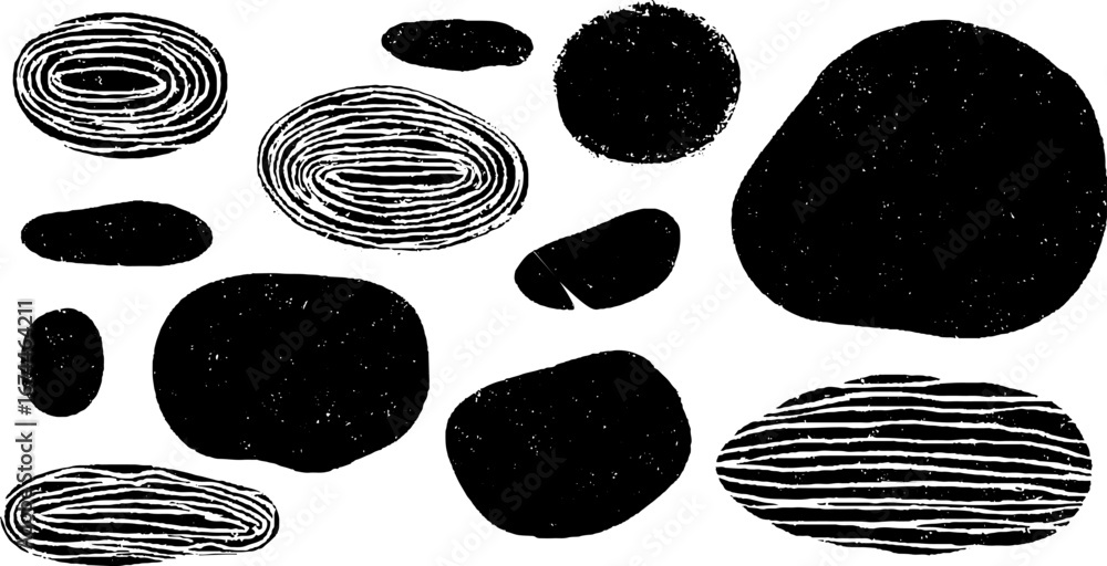 Poster abstract linocut blobs set with irregular rounded shapes for artistic design