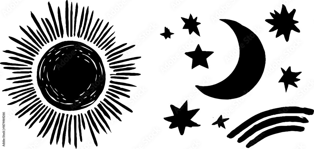 Poster abstract linocut composition with sun and celestial elements for decorative design