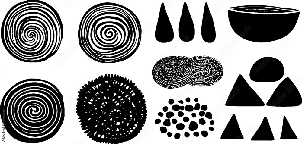 Aufkleber linocut abstract patterns collection with spirals and wavy lines for creative designs
