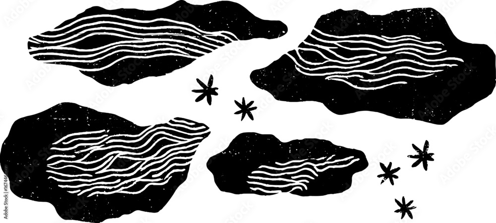 Poster linocut abstract organic composition with layered fluid forms for artistic design