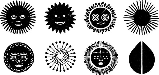 Tribal inspired linocut african masks with sun disc theme for cultural design collection