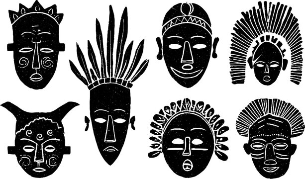 Linocut african masks collection featuring dogon and baule designs for bohemian art projects