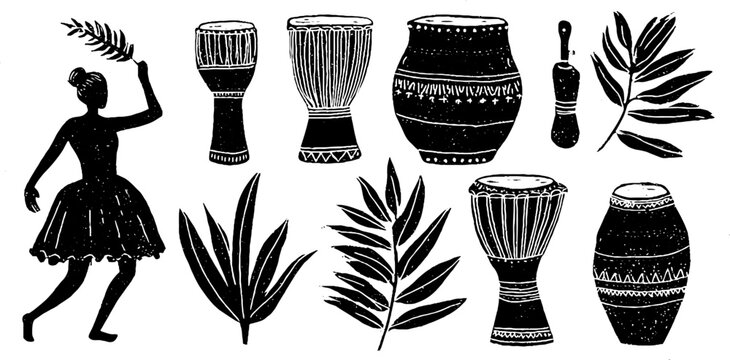 African music instruments and dance silhouette in linocut style – design for cultural posters and artwork