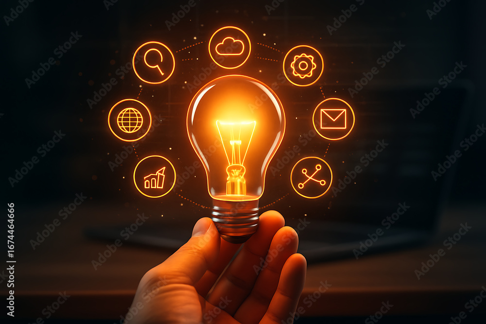 Poster glowing lightbulb surrounded by digital icons representing business and technology concepts on a dar