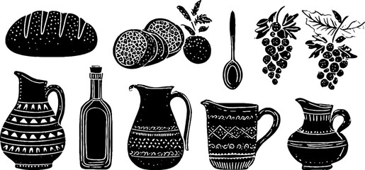 Naklejka na ściany i meble Ancient rome daily life linocut collection: bread, pottery, and wine grapes design for decor