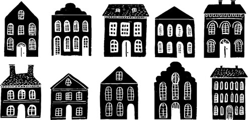 Fototapeta premium Linocut architecture seamless pattern of houses with wind theme for design and decoration