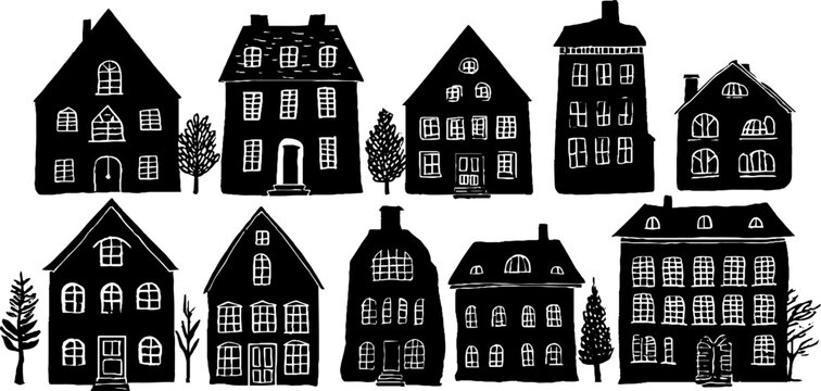 Fototapeta Linocut architecture pattern of houses seamless design for decoration and crafts