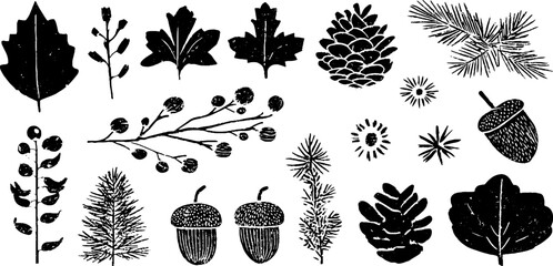 Linocut autumn winter seamless pattern with leaves and acorns for woodland design