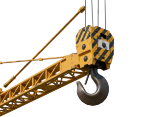 Isolated Construction Crane Hook with Yellow Boom for Industrial Use in Lifting Operations