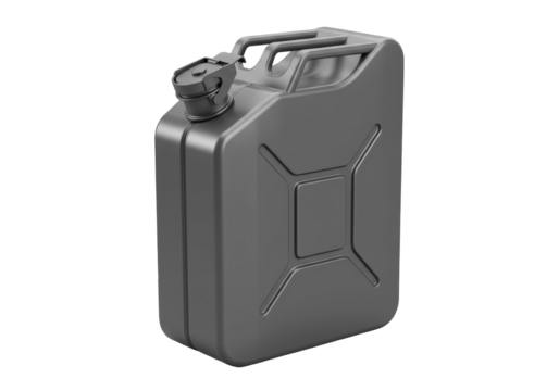 Isolated gray metal fuel jerrycan is ready to be used in the emergency situations or on the road