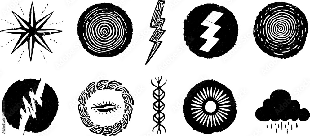 Poster chaos symbols and fractals in linocut style - creative bohemian design collection