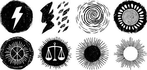 Fototapeta premium Chaos versus order symbol set featuring abstract linocut and broken glass elements for artistic design