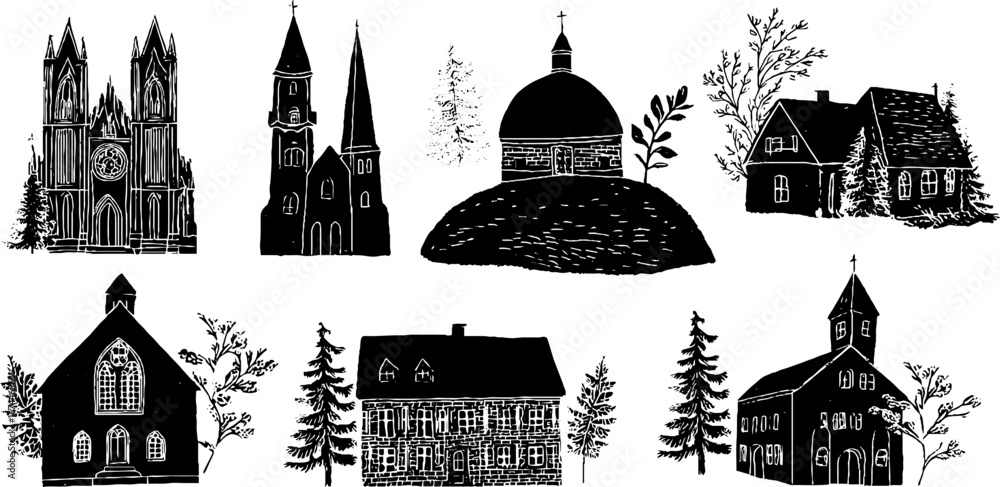 Poster linocut gothic churches and chapels collection for design and print projects