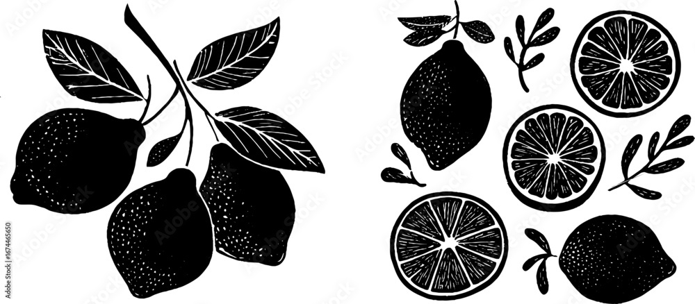 Poster linocut citrus composition of whole fruits and slices for boho design and print