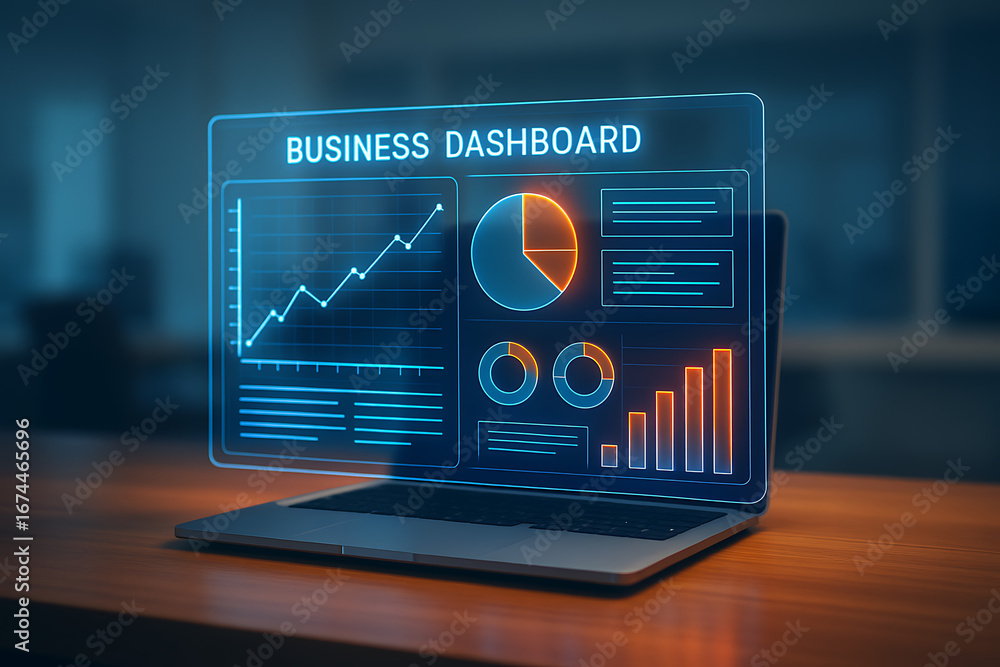 Poster laptop with a holographic business dashboard of data graphs and charts for analytics and financial p