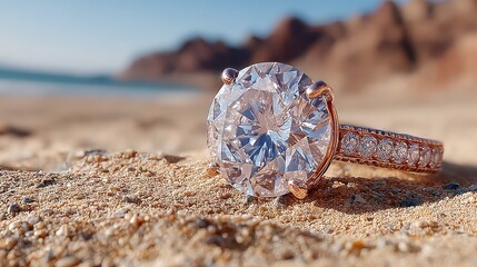 Fototapeta premium Diamond ring placed on sandy beach with ocean waves in background during bright sunny day