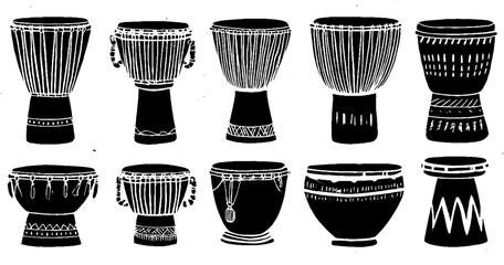 Linocut drum collection featuring djembe, bongo, conga, and snare for design projects